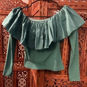 Anthropologie Teal Off-Shoulder Ruffle Long Sleeve Top
